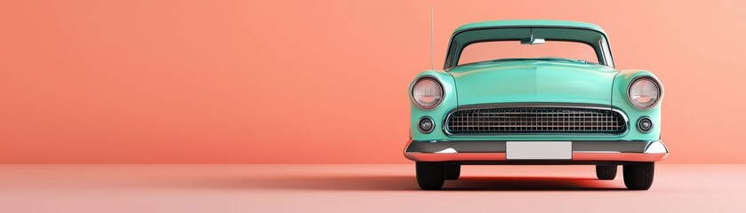 A vintage teal car stands against a soft coral background, exuding classic charm and retro style in a minimalist setting.