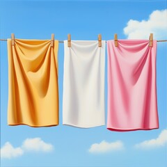 Bright cloths hanging on a line under a clear blue sky, showcasing vibrant colors of yellow, white, and pink, ideal for fresh themes.