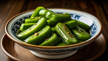  Fresh crunchy and vibrant  a bowl of pickled green peppers