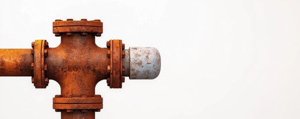 Close-up view of a rusty industrial pipe fitting against a clean white background, showcasing weathered textures and detail.