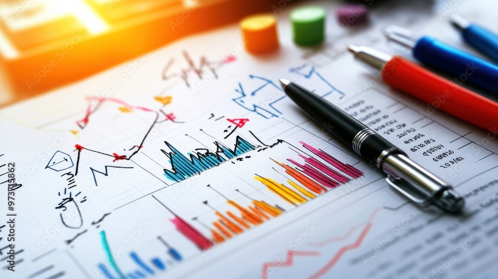 Poster colorful data visualization with charts and graphs, complemented by pens. ideal for finance and busi