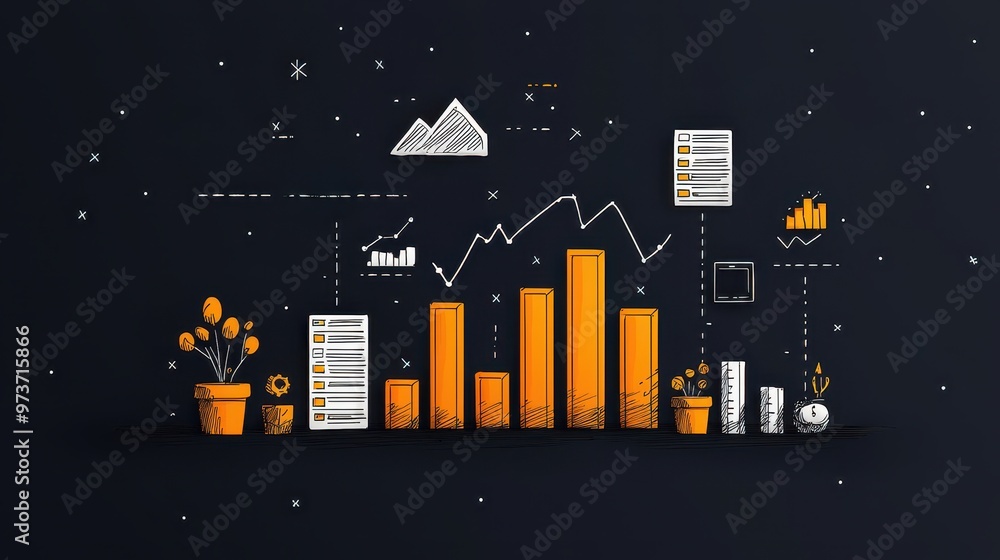 Poster colorful data visualization with charts, graphs, and statistics on a dark background, representing g