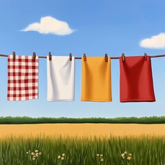 Colorful towels hanging under a clear blue sky, surrounded by lush greenery and golden fields, creating a cheerful summer vibe.