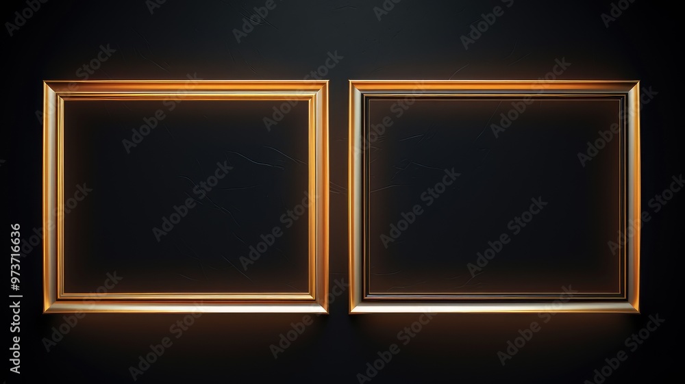 Poster two empty picture frames with a subtle glow against a dark background, suggesting a focus on art or 