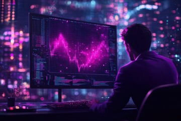 Forward-thinking financial advisor in stylish plum purple suit advising Gen Z client on cryptocurrency trends and market risks