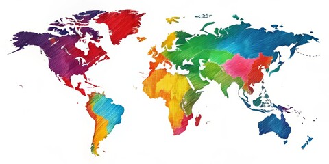A colorful, simplistic world map illustration with bold lines and bright hues, highlighting continents, oceans, and