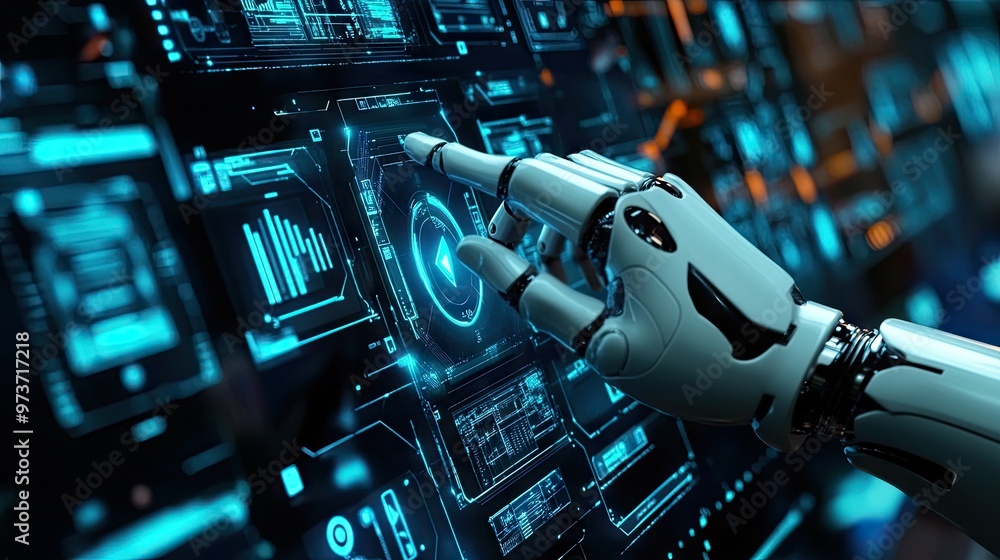 Poster regulatory compliance concept with a robotic hand pressing a digital button, set against a high-tech