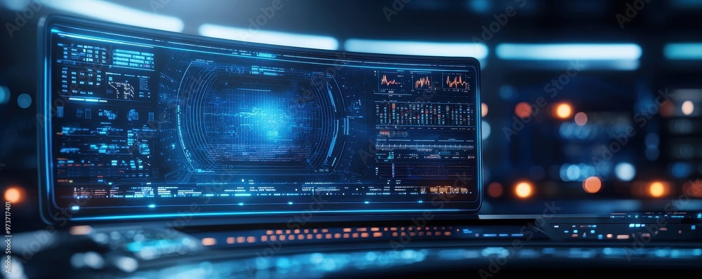 Poster futuristic control room with a glowing interface and advanced technology, ideal for science fiction 