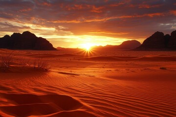 Desert Landscape at Sunset with Sun Rays