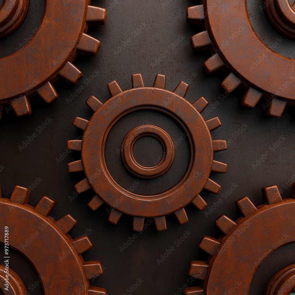 Poster rusty gears in various sizes, creating a mechanical and industrial aesthetic suitable for technology