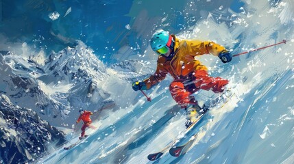 Naklejka premium Skier in action on a sunny snow mountain slope AI generated image