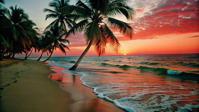 sunset on the beachbeach, palm, sea, tree, ocean, tropical, island, sky, sand, water, travel, summer, vacation, nature, paradise, caribbean, landscape, palm tree, sun, coast, coconut, holiday, seascap