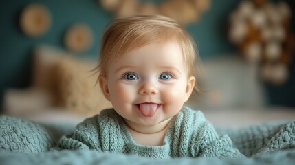 Adorable Baby in Sage Green Romper Playfully Sticking Out Tongue Close-Up