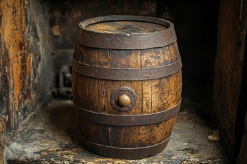 Fototapeta premium A weathered wooden barrel with metal bands sits in a shadowy alcove.