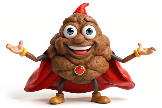 A comical, anthropomorphic pile of feces with a smiling face and arms and legs, wearing a superhero cape,
