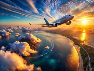 Naklejka premium A commercial airliner soars over a stunning curve of the Earth, with fluffy white clouds and blue ocean