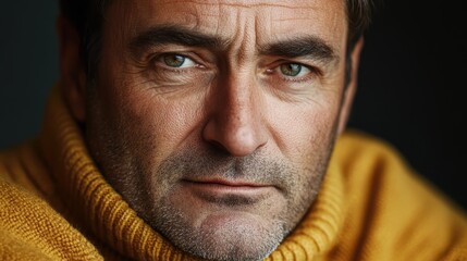 Fototapeta premium Expressive Close-Up Portrait of Middle-Aged Man with Exaggerated Frown in Pale Yellow Turtleneck Sweater
