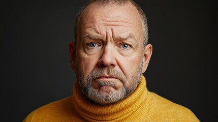 Obraz premium Portrait of Discontent: Close-up of Middle-Aged Man with Exaggerated Frown in Pale Yellow Turtleneck