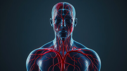 A detailed view of bodys major arteries with blood flow representation, showcasing intricate vascular system