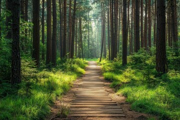 Obraz premium A Sunlit Path Through A Dense Forest Of Tall Trees