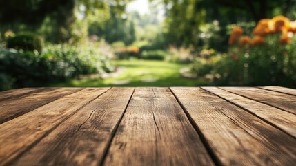 Rustic wooden table top in focus, with a blurred green garden in the background,