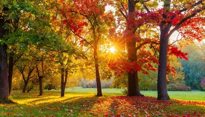 Fototapeta premium A golden autumn afternoon in the park, with sunlight filtering through colorful leaves and a soft fog rolling across. Tall, swaying trees, crisp air, and a blanket of fallen leaves.