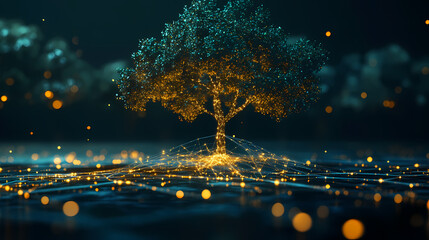 An illustration of tree growth in a digital futuristic polygonal style. an energy source or artificial intelligence source. modern illustration. Artificial Intelligence. Illustration