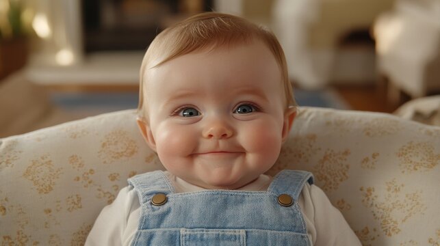 Adorable Baby in Powder Blue Overalls Smiling with Squinted Eyes