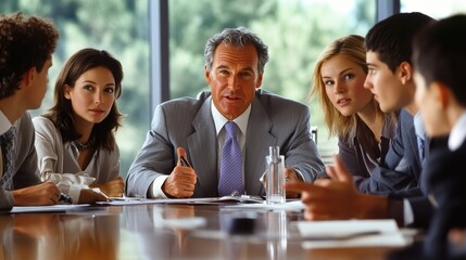 Experienced Senior Businessman in Lavender Tie Strategizing with Young Colleagues in Boardroom Meeting