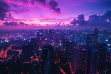 City Skyline with Purple Twilight Sky and Glowing Lights