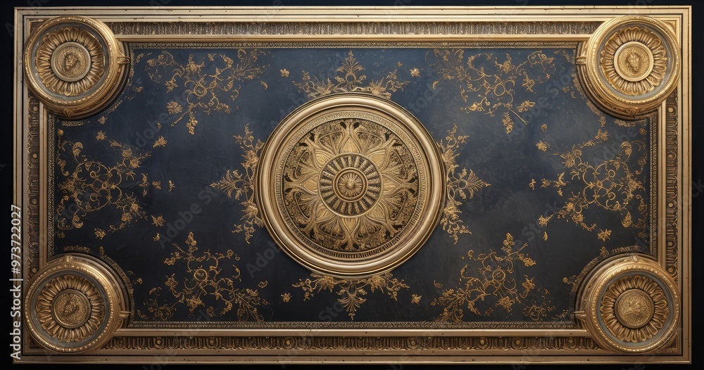 Poster ornate ceiling design featuring intricate patterns and a central circular motif, showcasing classica