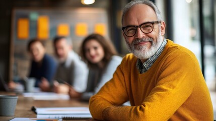 Fototapeta premium Senior Businessman Presenting Financial Forecasts to Executive Team in Sunflower Yellow Sweater Vest