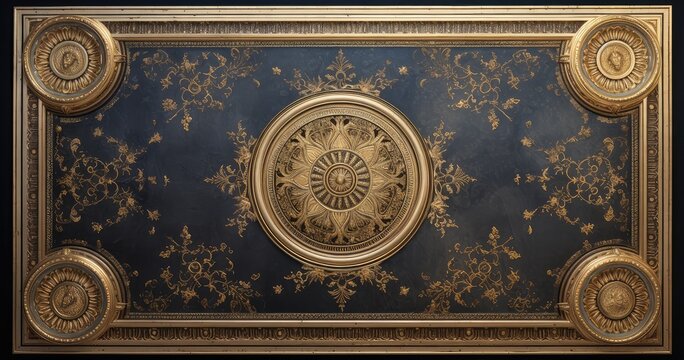 Ornate ceiling design featuring intricate patterns and a central circular motif, showcasing classical architectural elements.