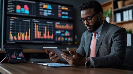 Senior Businessman Analyzing Data on Tablet in Corporate Office