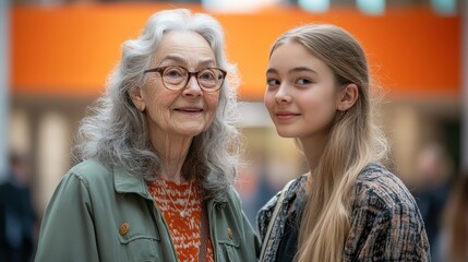 Fototapeta premium Sage Mentorship: Elderly Woman in Green Jacket Mentoring Young Employee in Modern Office