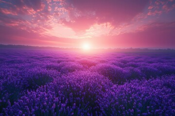 A Lavender Field bathed in the Warm Glow of Sunrise