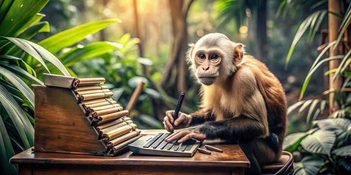 A curious capuchin monkey sits at a vintage typewriter, fingers poised over keys, surrounded by scattered papers and
