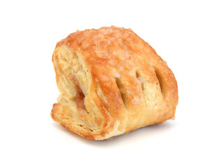 Sweet braided puff pastry isolated or pate feuilletee on white background top view. Fresh phyllo pastry with jam inside close up - Image