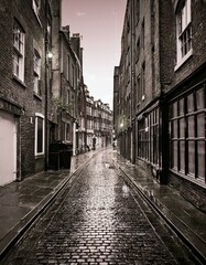 Sepia-Toned Alleyway in Rainy 1980s London