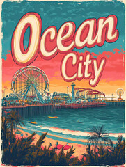 Ocean City vintage travel poster featuring a coastal amusement park and beach roller coaster. Useful for Maryland or New Jersey