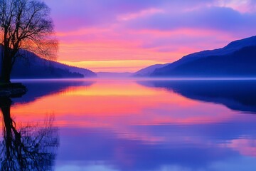 Fototapeta premium Serene Lake Reflecting a Colorful Sunset Over Mountains