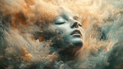 A face dissolving into a cloud of emotions, capturing the fleeting nature of mental states. 