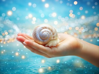 A delicate child's hand holds a intricately swirled, pearly sea shell against a soft, serene blue background, evoking