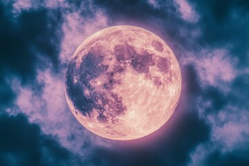 Full Moon Rising Through Pink Clouds