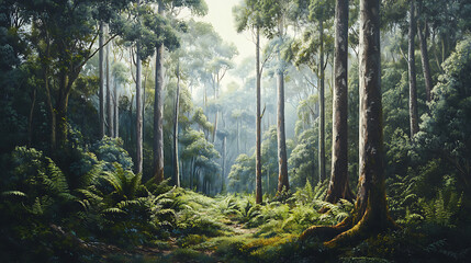 Fototapeta premium A lush Australian rainforest scene with tall eucalyptus trees and dense undergrowth, illustrating the diverse flora 