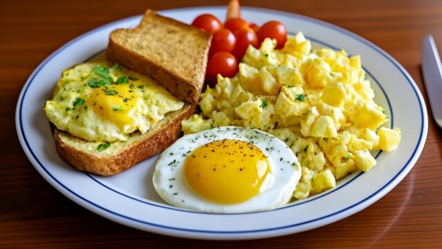  A hearty breakfast plate with eggs toast and tomatoes