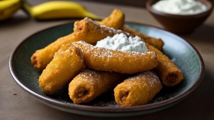  Delicious fried plantains with a sprinkle of powdered sugar and a side of sour cream