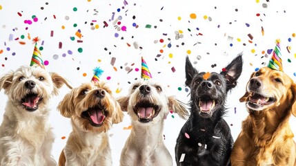 Cheerful Group of Dogs Celebrate a Festive Occasion with Colorful Confetti
