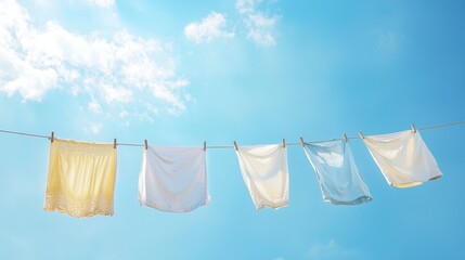 Freshly Washed Laundry Drying on a Clothesline Against a Bright Blue Sky