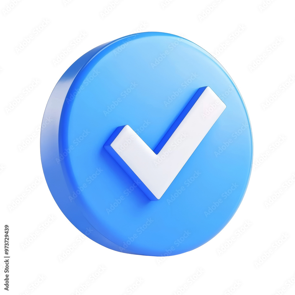 Poster blue check mark button 3d render icon isolated on transparent background cutout